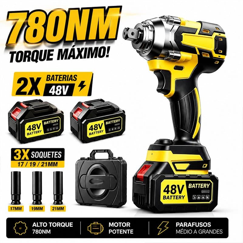 Parafusadeira de Impacto 48V Brushless Profissional 2 Baterias Kit com Soquetes 780N.m e Maleta Alta Potência para