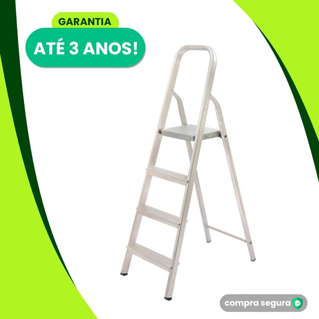 Escada 100% Alumínio 3 Ou 4 Degraus Até 120Kg Dobrável Resistente Doméstica Flexível Reforçada Aço