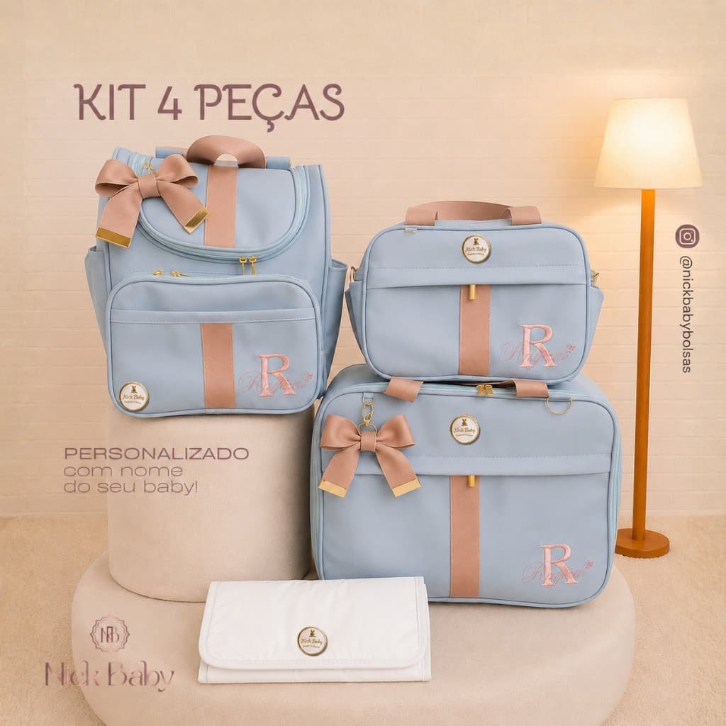 KIT MALA MATERNIDADE COM 4 PEÇAS PERSONALIZADA LUXO. BOLSAS MATERNIDADE PERSONALIZADA COM NOME DO BEBÊ. NICK BABY BOLSAS
