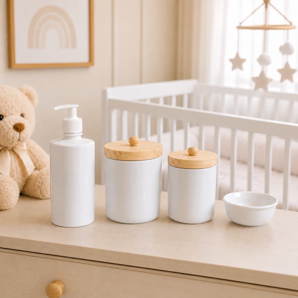 Kit Higiene Bebê Porcelana Luxo Decorativo para Quarto de Bebê