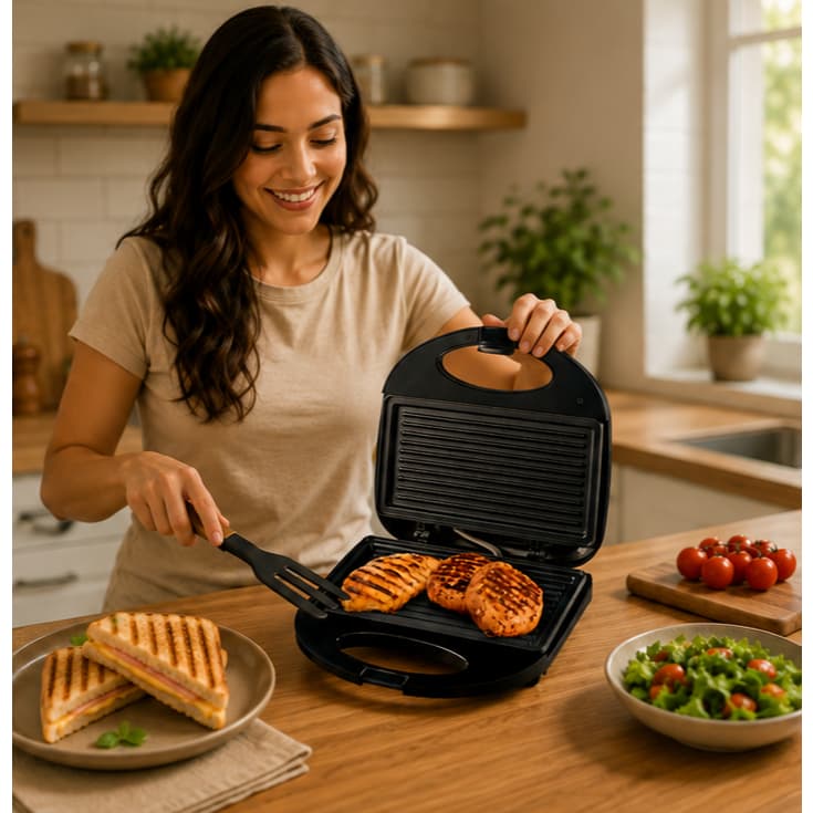 Grill Sanduicheira Eletrica Prensa Dupla Antiaderente 750W 127V/220V Cozinha Rapida Versatil