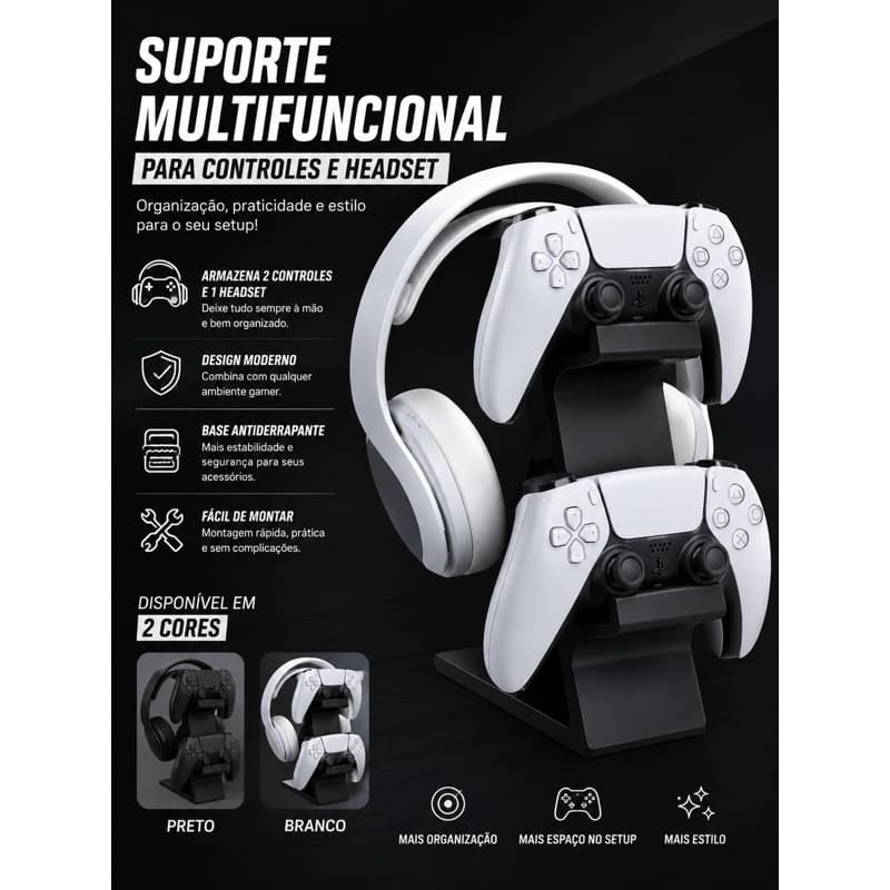 Suporte Multifuncional para 2 Controles e Headset Gamer – Organizador de Mesa