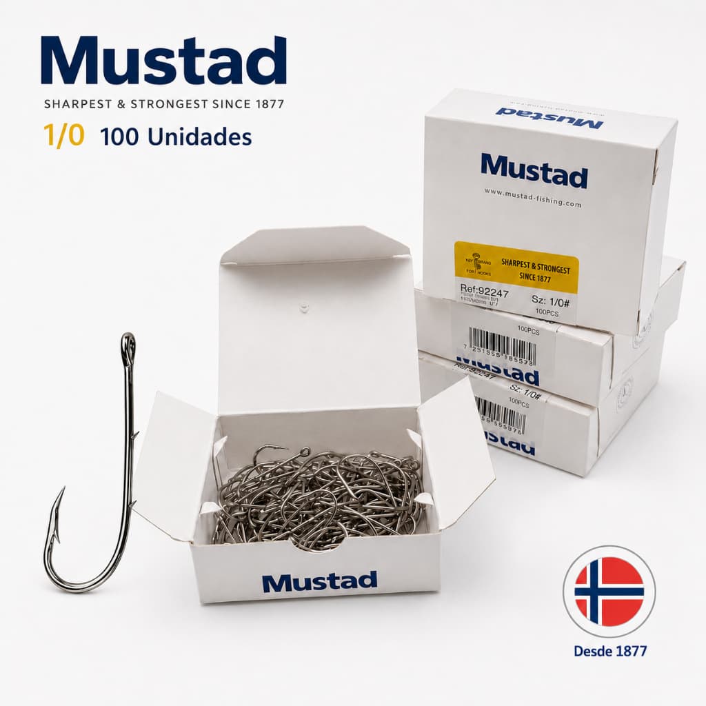 Anzol 92247 Aço Carbono Strong Nº1/0 Caixa 100 Un Mustad Sport Isca Natural Tucunaré Dourado Traíra Pacu