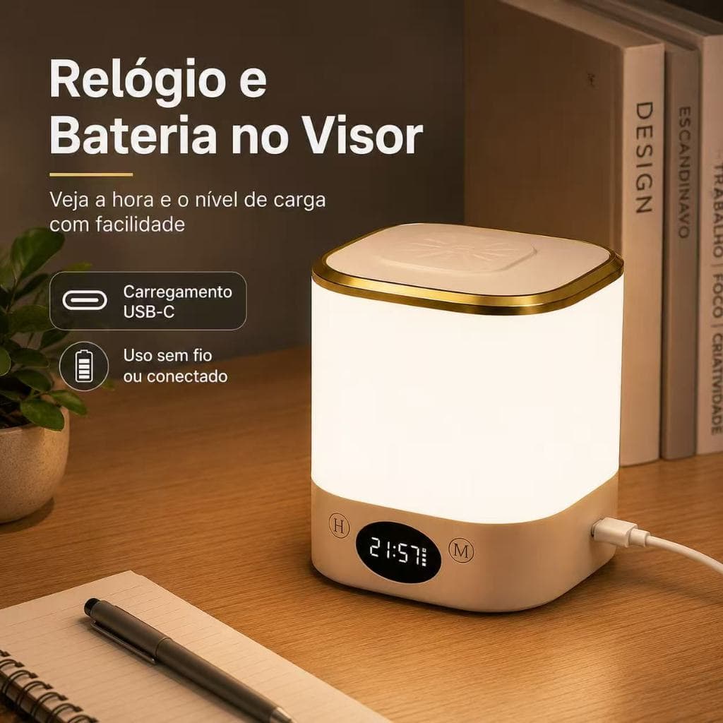 Abajur Luminária Noturna com Relógio Digital Visor de Hora e Bateria, Luz Cabeceira Recarregável USB-C, Uso Sem Fio ou C