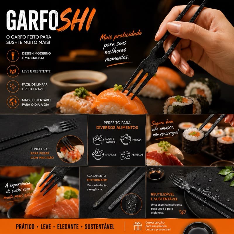 Garfoshi Preto 2 em 1 Garfo e Hashi para Sushi Reutilizável