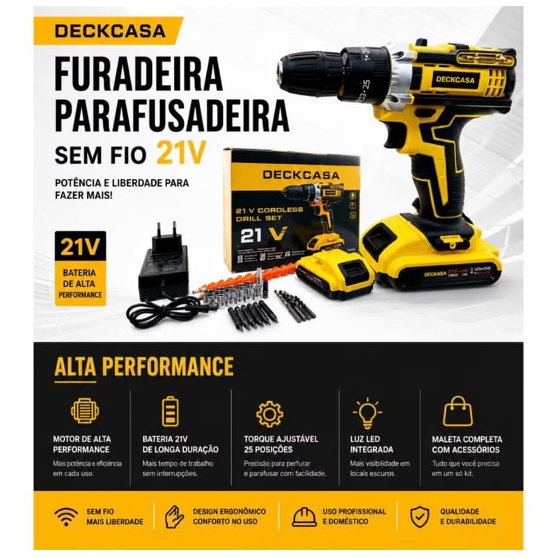 Conjunto de Furadeira/Parafusadeira de Impacto/Chave de Impacto Sem Fio Completo