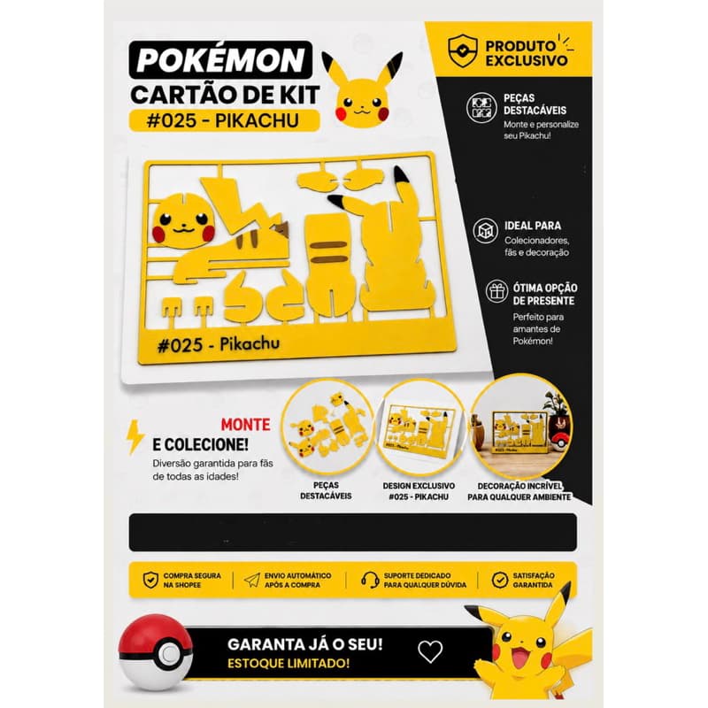 🎮 Quebra-Cabeça Pokémon 3D Pikachu #025 para Montar | Decoração Geek | Impressão 3D