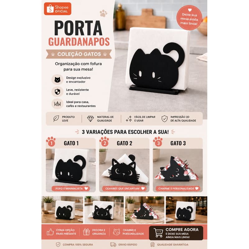 Porta Guardanapo Gato Decorativo -Suporte para Guardanapos Mesa de Jantar | Impressão 3D