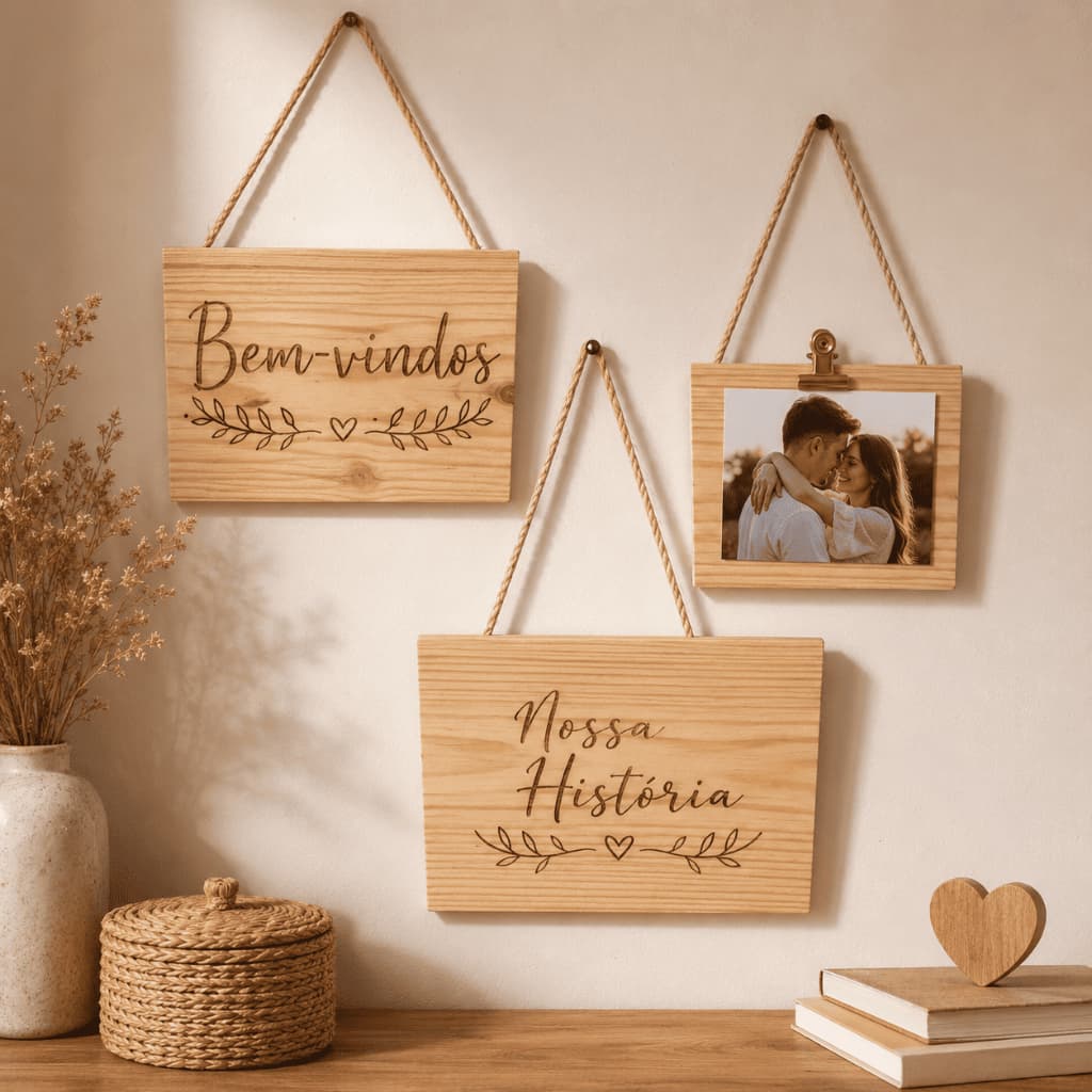 Kit 3 Placas Madeira Pinus Com Corda Para Frases Fotos Decoração Pousada Trilha