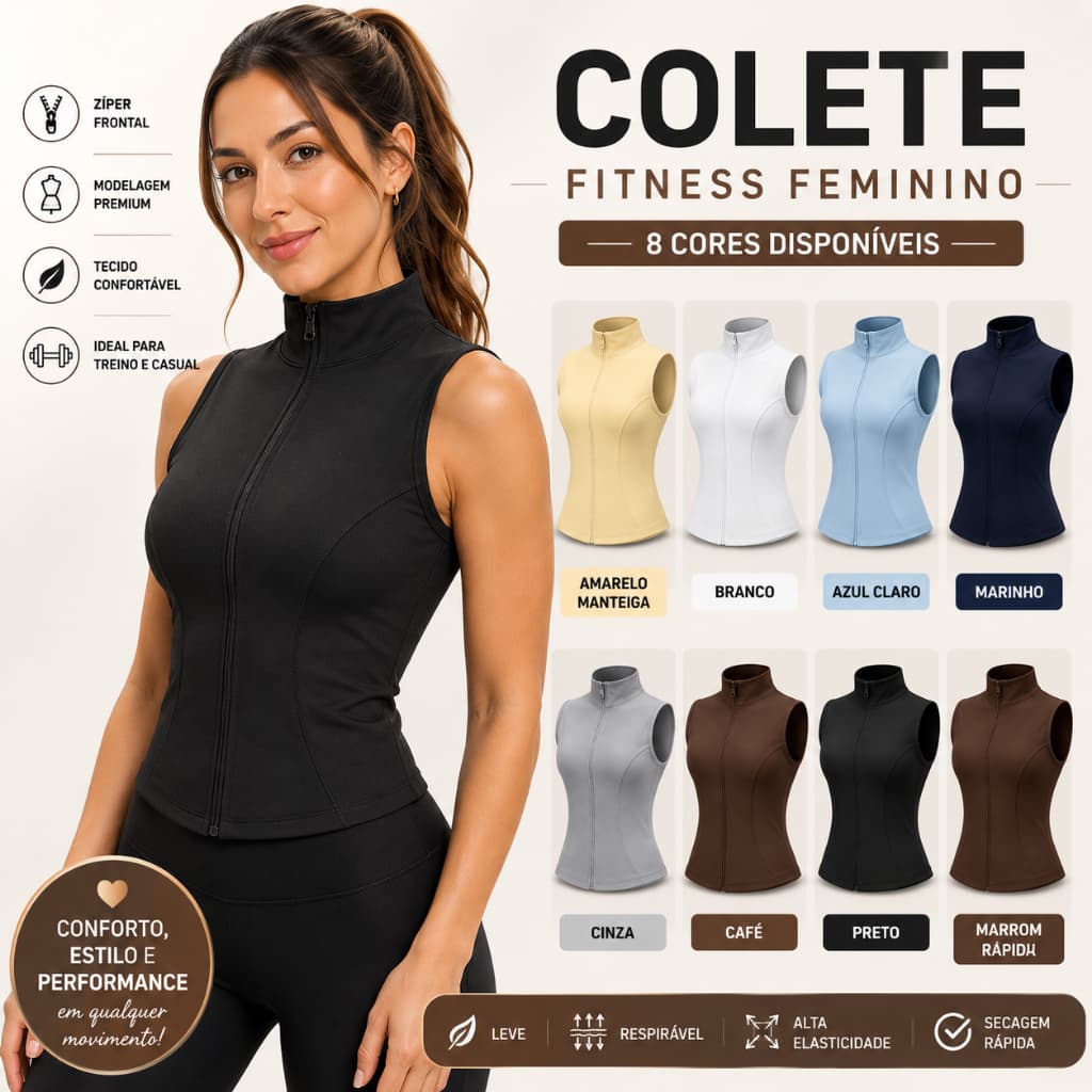 Colete Fitness Feminino Premium Com Zíper Regata Academia Casual