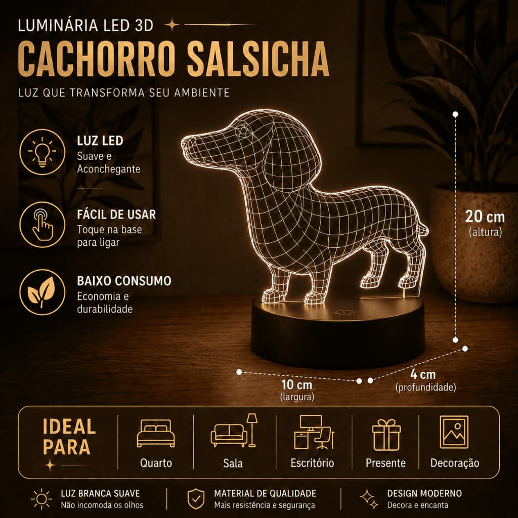 Luminária LED 3D Cachorro Salsicha com Base – Abajur Decorativo Luz Branca para Quarto e Sala
