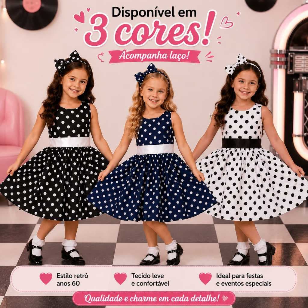 VESTIDO DE BOLINHA PRETO E BRANCO ANOS 60 FANTASIA INFANTIL MENINA