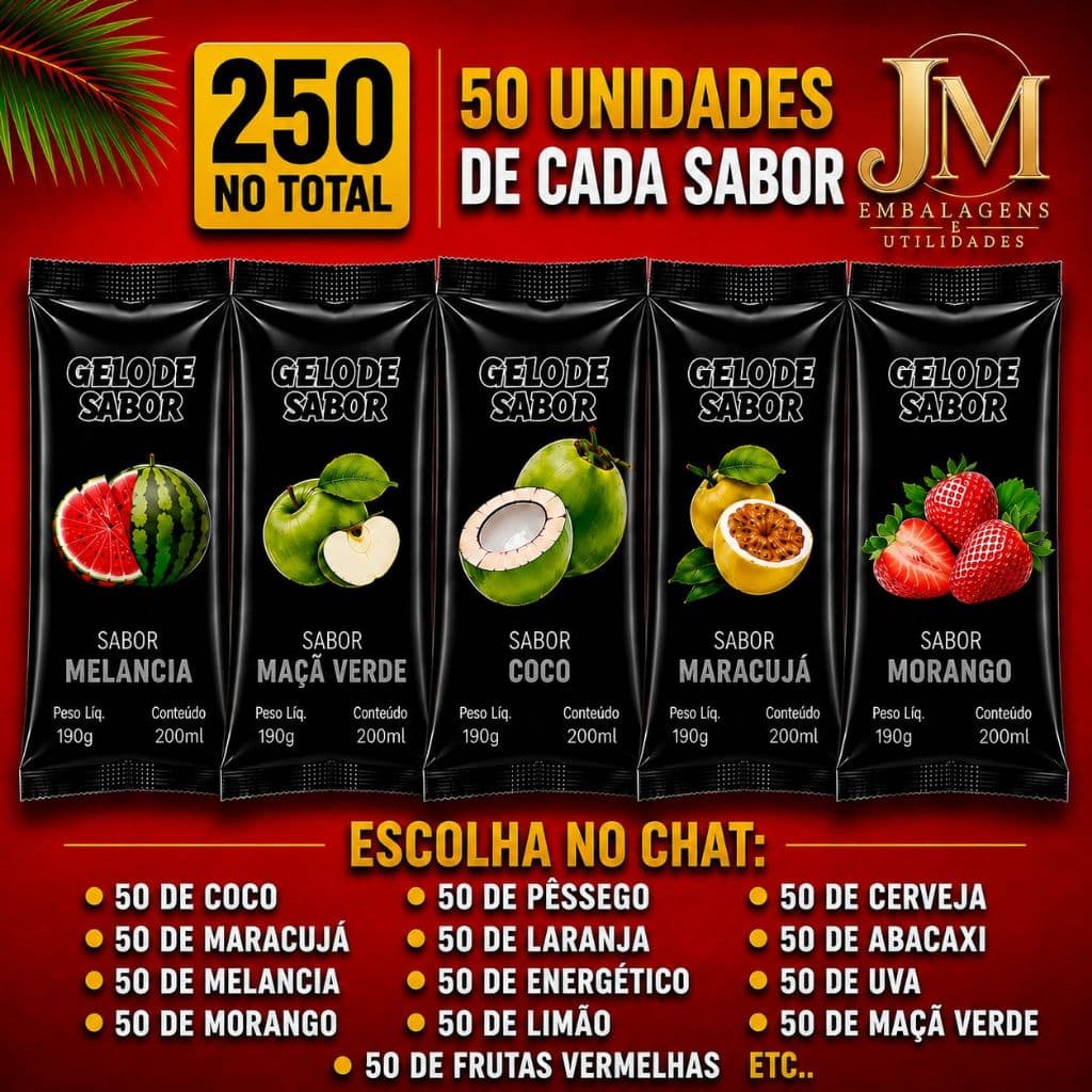 Kit Com 250 Embalagens Saquinho Bopp para De Gelo Saborizado - 50 Unidades de Cada Sabor. Escolha sabores no Chat