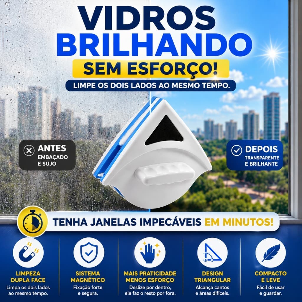 Limpador de Vidro Magnético Dupla Face para Janela 3 a 8mm com Corda de Segurança