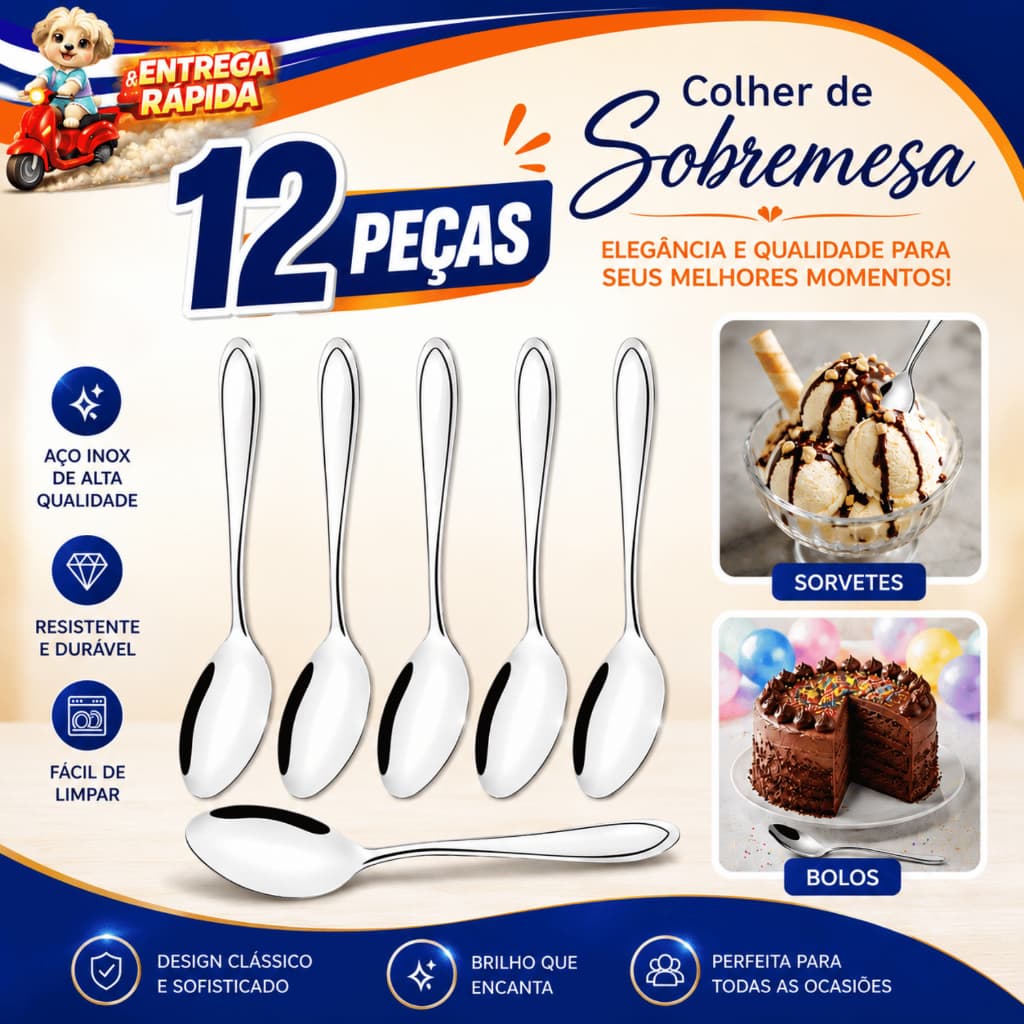 Kit 12 Colher Sobremesa Inox Aço Inoxidável Premium Casa Mesa Posta Buffet Doceria Cafeteria Cozinha