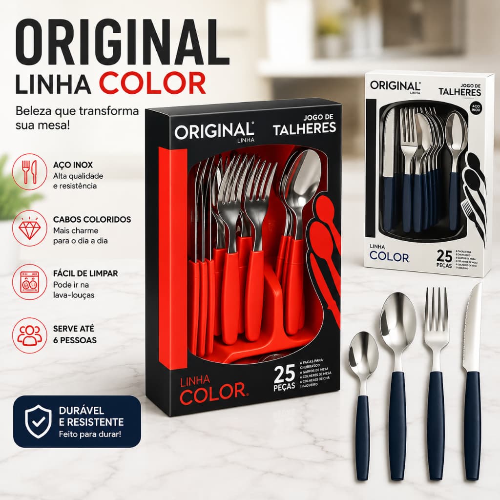 Jogo de Talheres 25 Peças com Suporte Faqueiro em Aço Inox Color | Cores Preto ou Vermelho