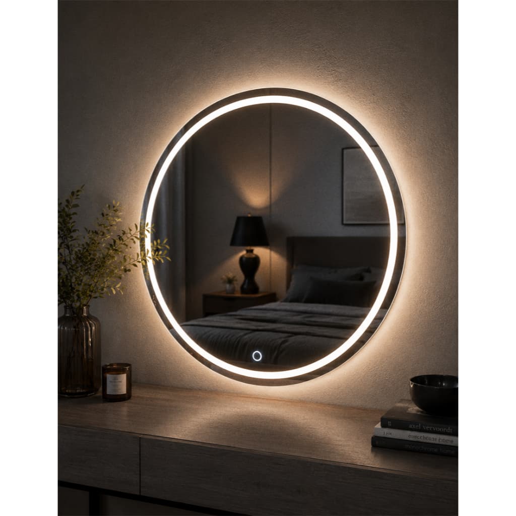 Espelho LED Touch Redondo 60x60cm Bivolt Dimmer 3 Temperaturas Jateado Banheiro Salão