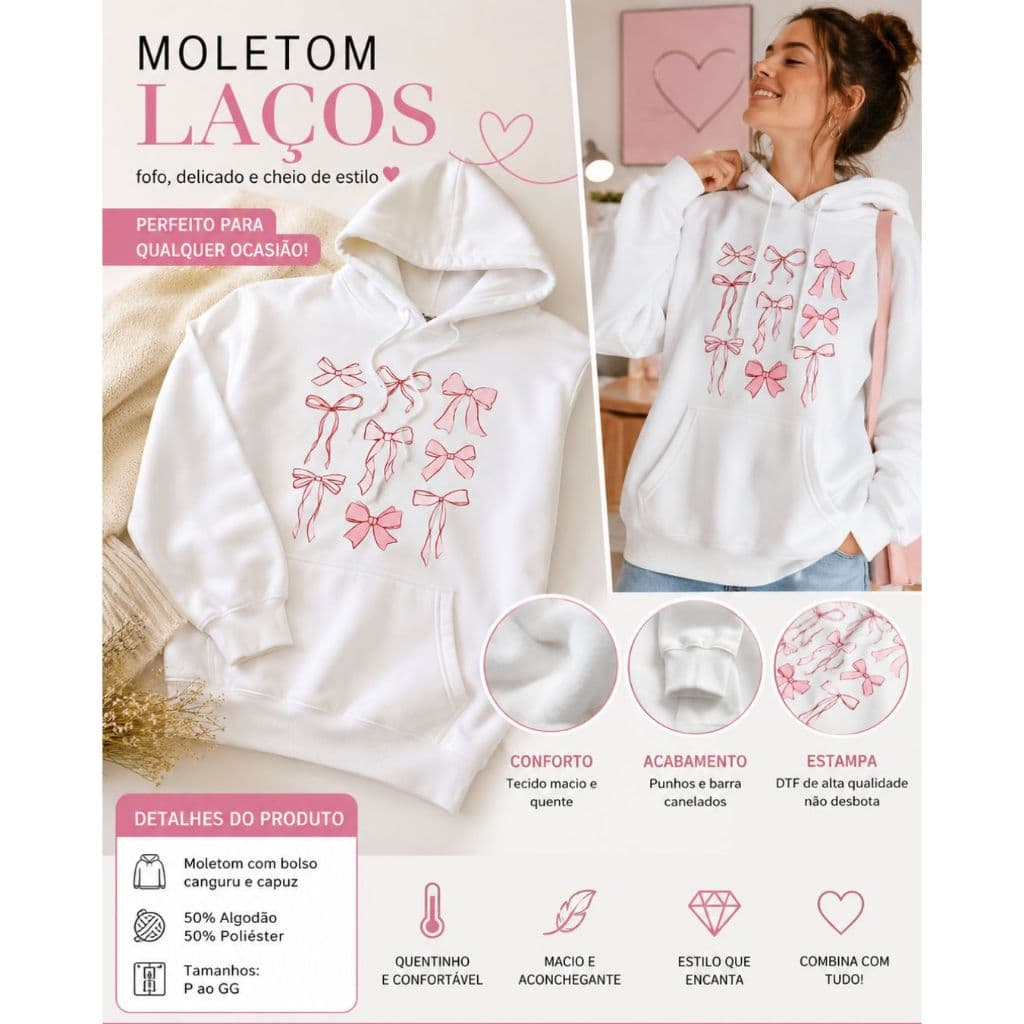 Moletom Confortável Canguru Flanelado Com Bolsos Estampa Laços Delicados Feminino Algodão Quentinho
