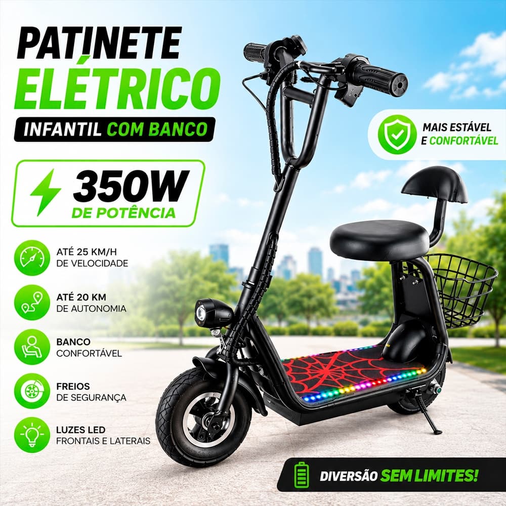 Scooter Elétrica Infantil Patinete Elétrico para Crianças Com Banco Assento 250W Pronta Entrega