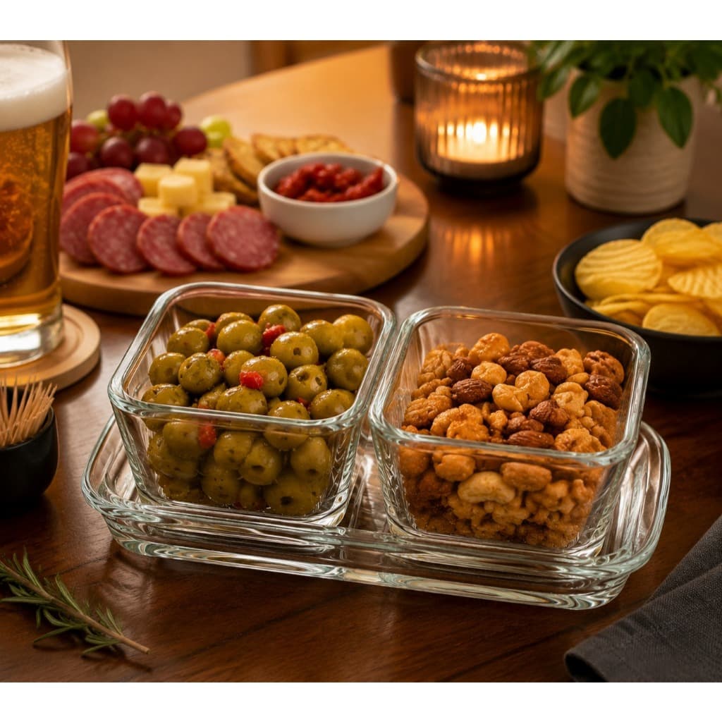 Kit Petisqueira Vidro 3 Peças Bandeja + Potes Mesa Posta Elegante Aperitivos Molhos Servir