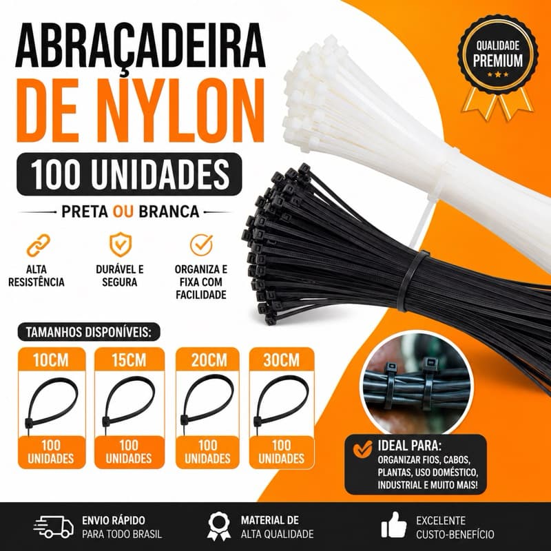 Abraçadeira de Nylon 100 Unidades Preta ou Branca 10cm 15cm 20cm 30cm Enforca Gato Alta Resistência