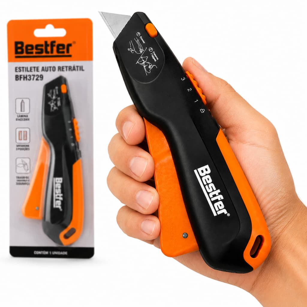 Estilete Profissional de Segurança Auto Retrátil Emborrachado Com Trava 19mm Bestfer