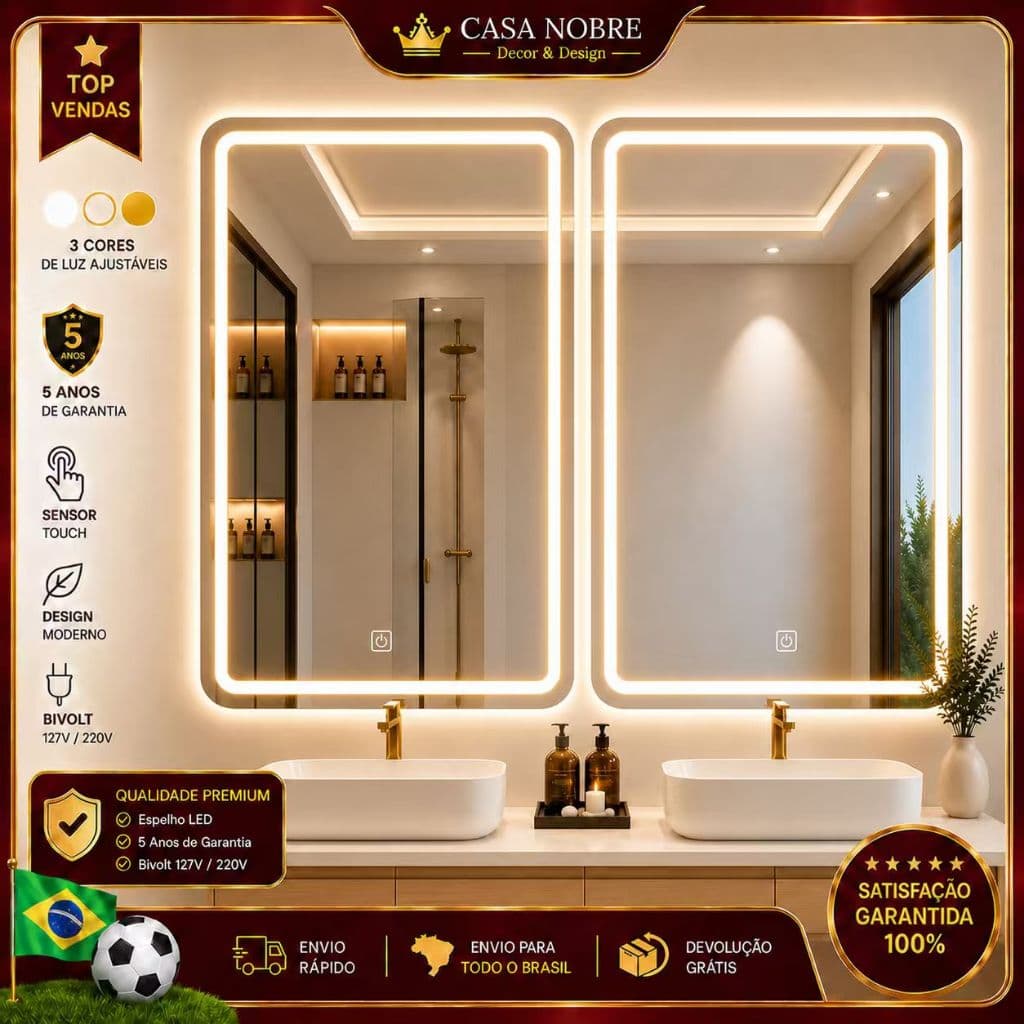 Espelho de Parede LED Retangular Touch 3 Tons de Luz Bivolt Espelho Decorativo Inteligente para Banheiro