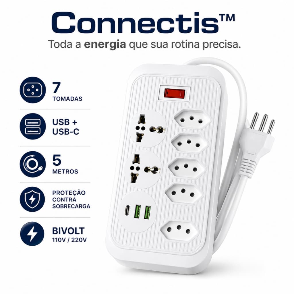 Filtro de Linha 7 Tomadas 2 USB USB-C Cabo 5 Metros Bivolt Proteção Contra Sobrecarga Connectis Prime™