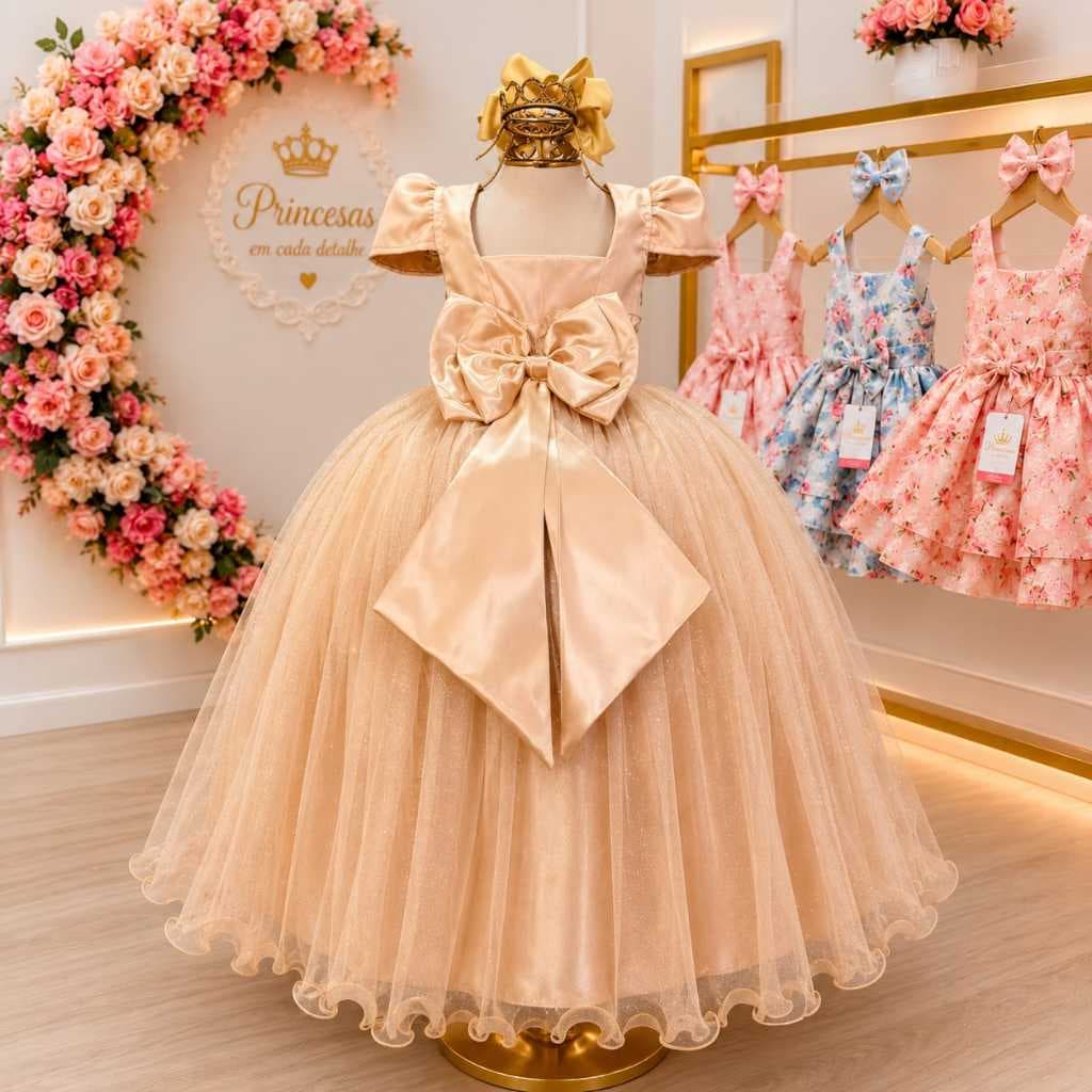 Vestido Infantil Rodado Luxo Com Tule Brilhante Festa Menina Princesa Elegante Premium