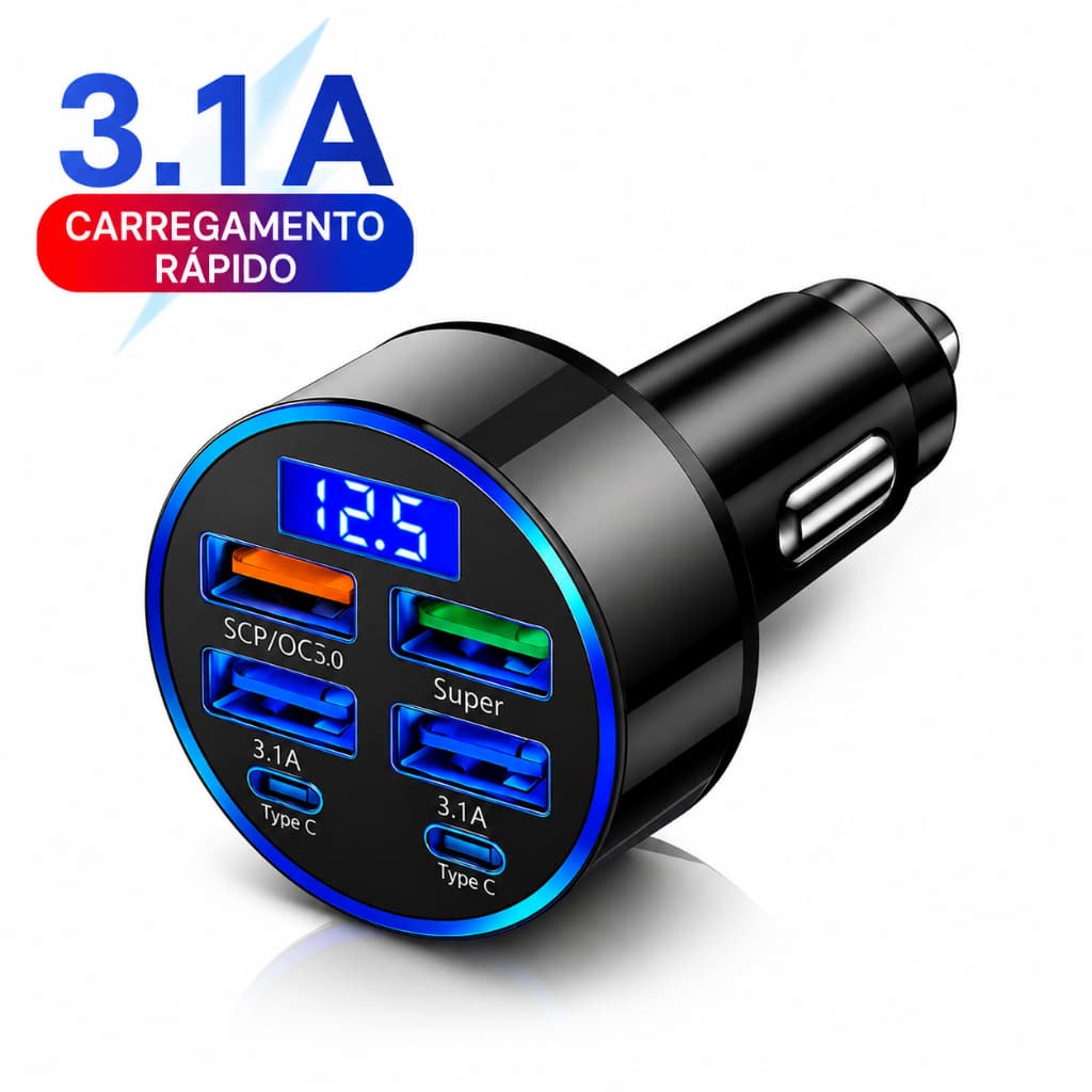 Carregador Veicular Turbo USB-C PD QC3.0 6 Portas Carro Carga Rápida Display LED