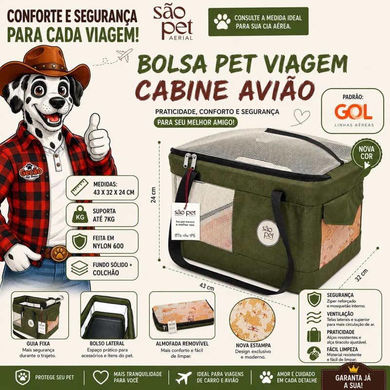 Bolsa Transporte Sao Pet Aerial Pet Para Animais Até 7kg Gol Verde Medidas Padrões da Cia Área Gol