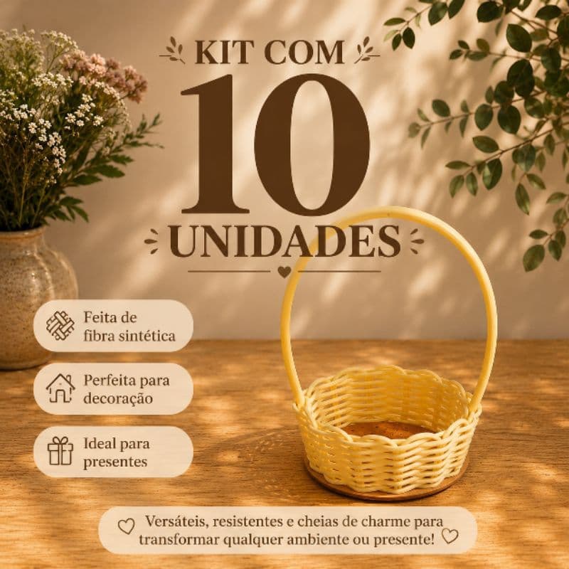 Kit 10 Cestas de Fibra Sintética com Alça para Decoração, Presentes, Festa, Lembrancinhas e Café da Manhã