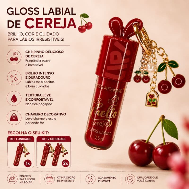 Gloss Labial Cereja Com Chaveiro Luxo Miss Victory Brilho Hidratante Cherry