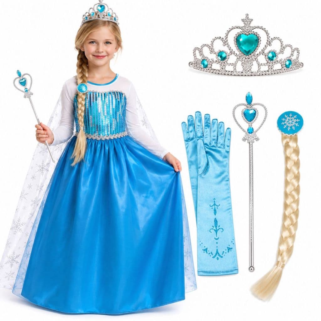 Kit Fantasia Vestido de Princesa com Capa Trança Tiara Luvas Elsa Frozen Criança Menina Festa