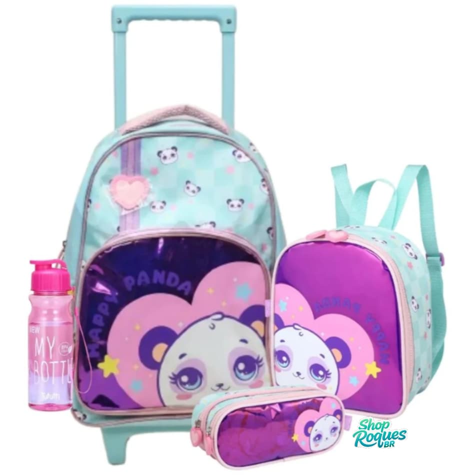 Kit infantil menina- COMPLETO-KIT Happy PANDA - MOCHILA COM RODINHA/ESTOJO/LANCHEIR/GARRAFINHA
