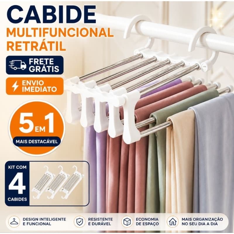 Kit 4 Cabides Multifuncionais Para Calças 5 Divisórias Retrátil em Aço Inox Organizador