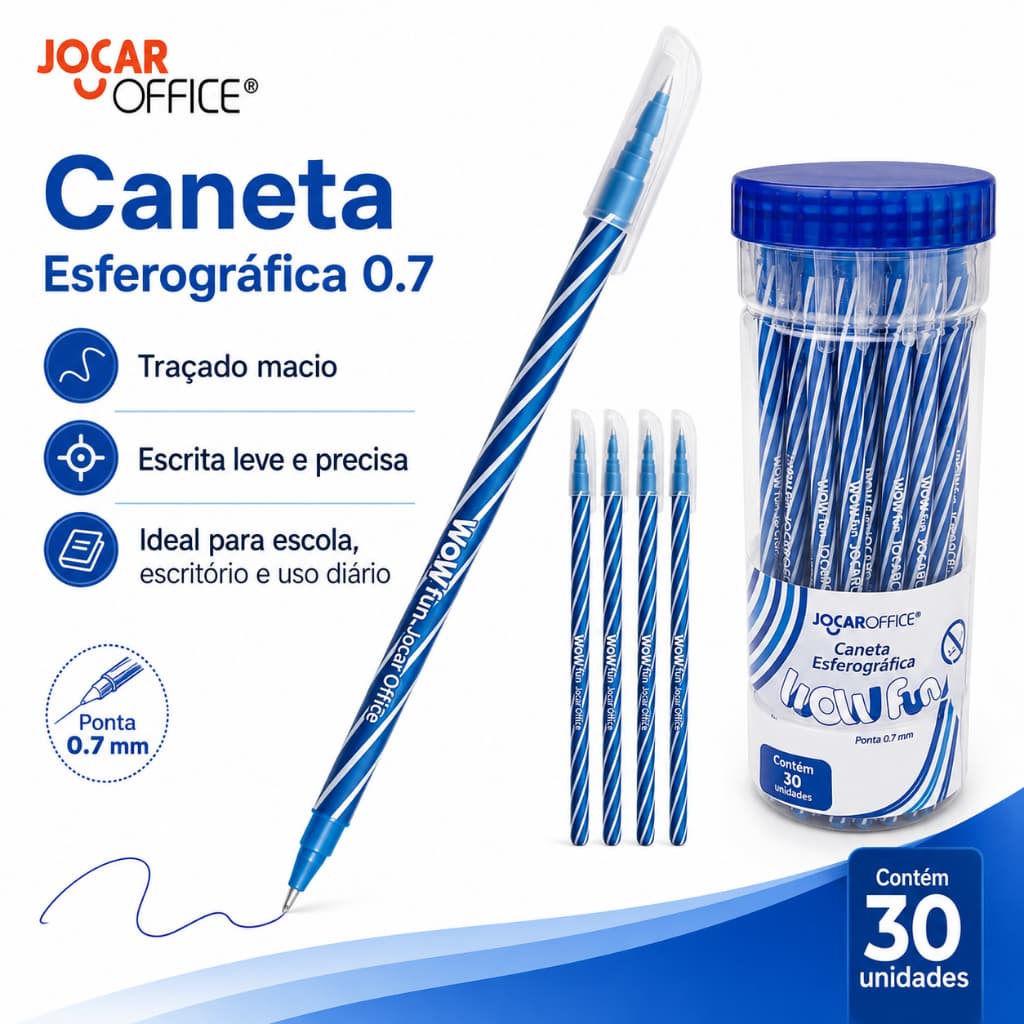 KIT Caneta Esferográfica Wow Fun Azul com Traçado Macio 0.7mm - Jocar Office