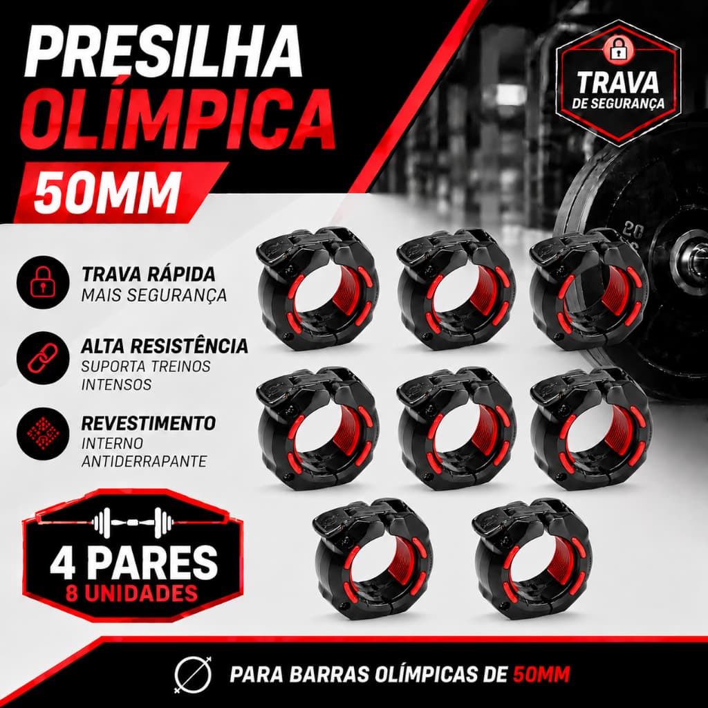 4 Pares Presilha Barra 50mm Olímpica Lock Press One Grampo Halter CrossFit Academia Musculação Trava