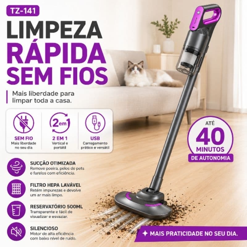 Aspirador de Pó Vertical Sem Fio 2 em 1 Recarregável Bivolt Portátil Filtro HEPA Para Casa e Carro TZ-141