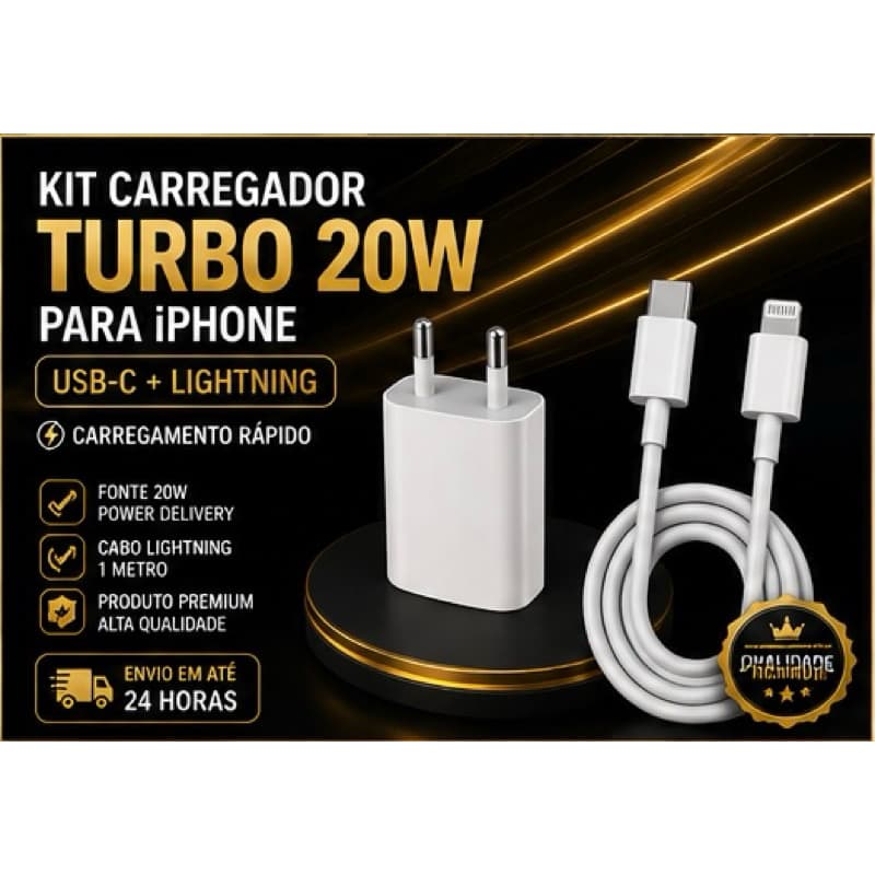 Kit Carregador Turbo 20W USB-C com Cabo Lightning 1 Metro para iPhone Carregamento Rápido Compatível iPhone 6 ao 14