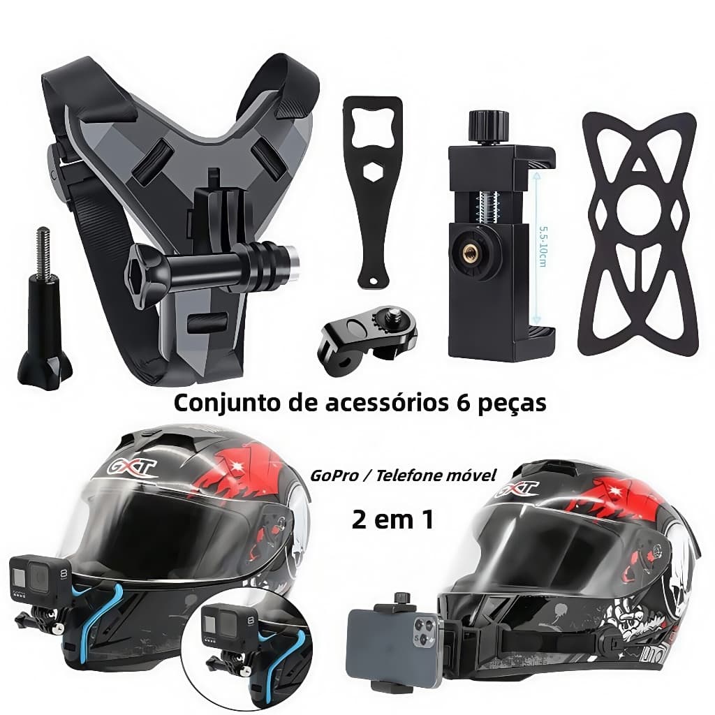 Capacete de motocicleta suporte de queixo e suporte de telefone móvel GoPro Câmera de ação suporte de capacete Capacete