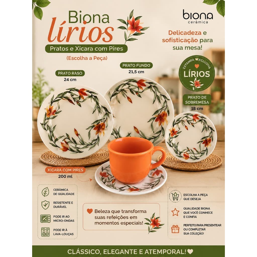 Biona lírios – Pratos e Xícara com Pires (Escolha a Peça)
