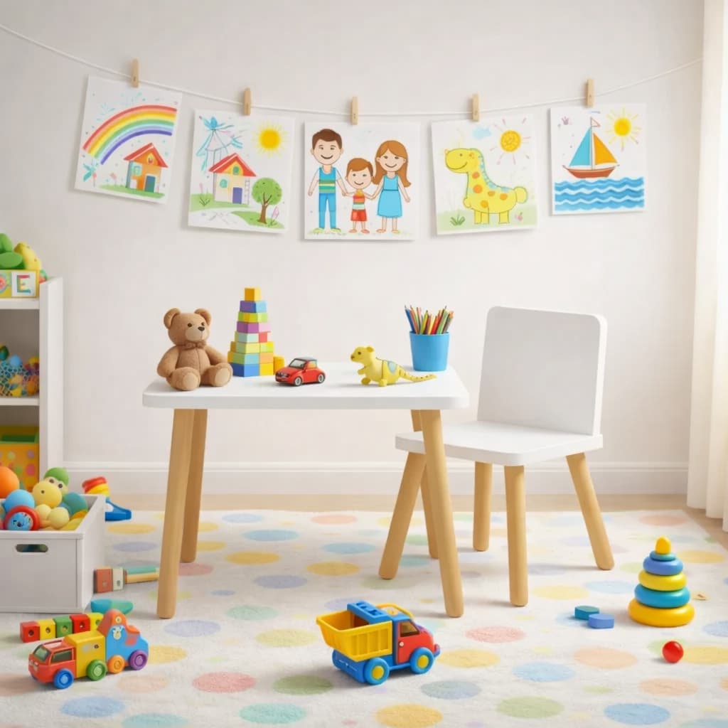 Conjunto Mesa com 1 Cadeira Montessori MDF Branco Pés de Madeira Pinus Quarto Infantil Estudos
