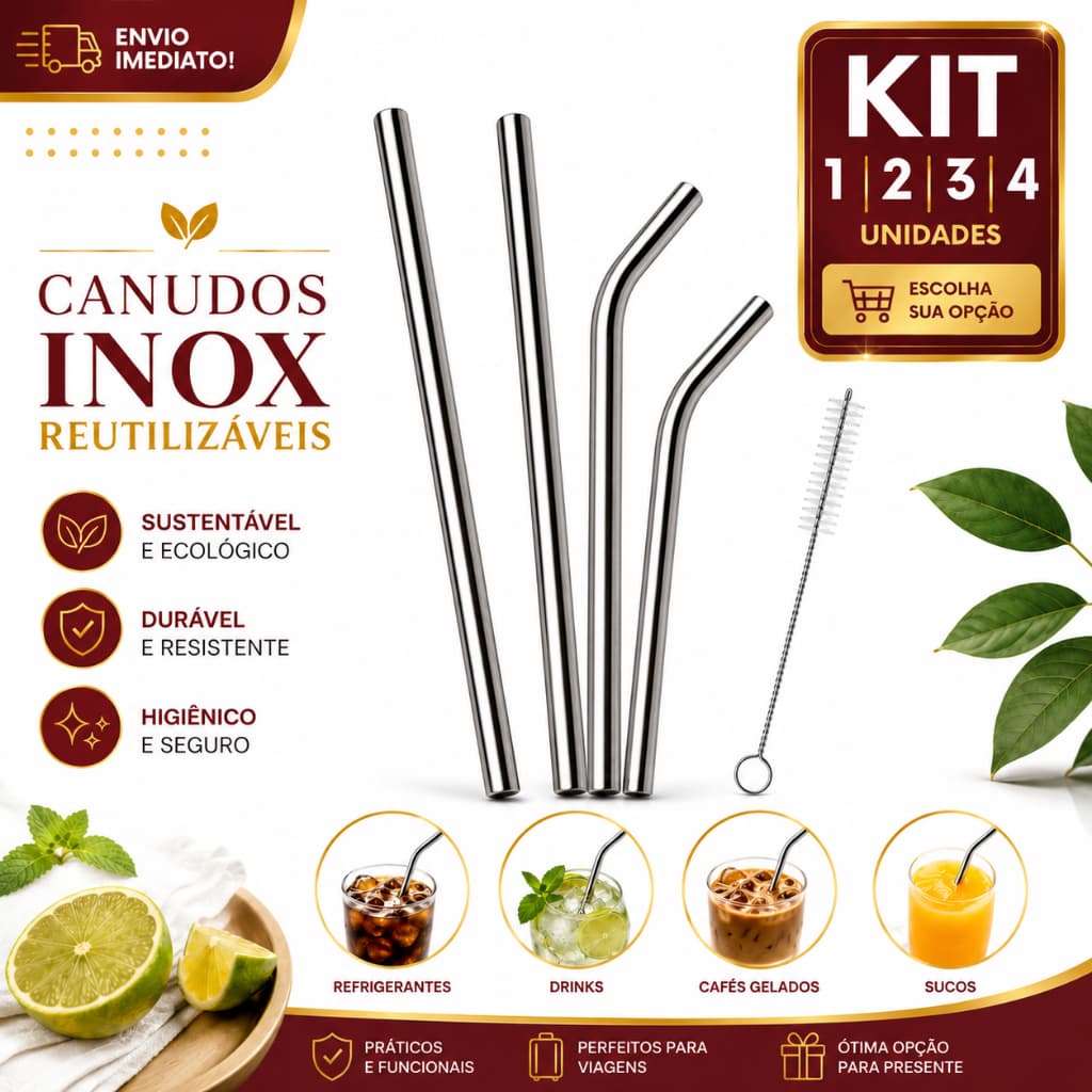 Conjunto de Canudos Inox 1/2/3/4 Reutilizáveis com Escova de Limpeza Aço Inoxidável Premium para Drinks Sucos Cafés