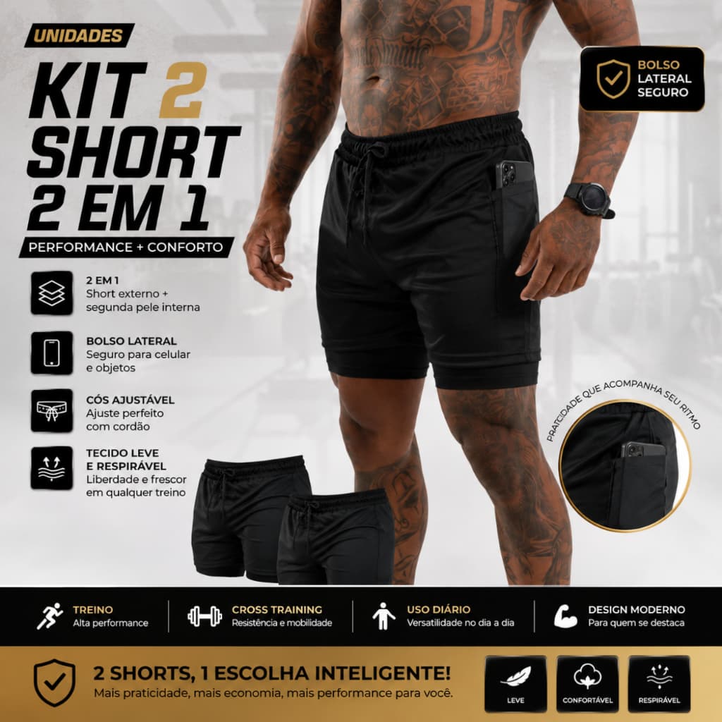 KIT 2 Shorts Seven Move Para Academia Bermuda 2 em 1 Duplo Com Bolso Interno Original Ultra