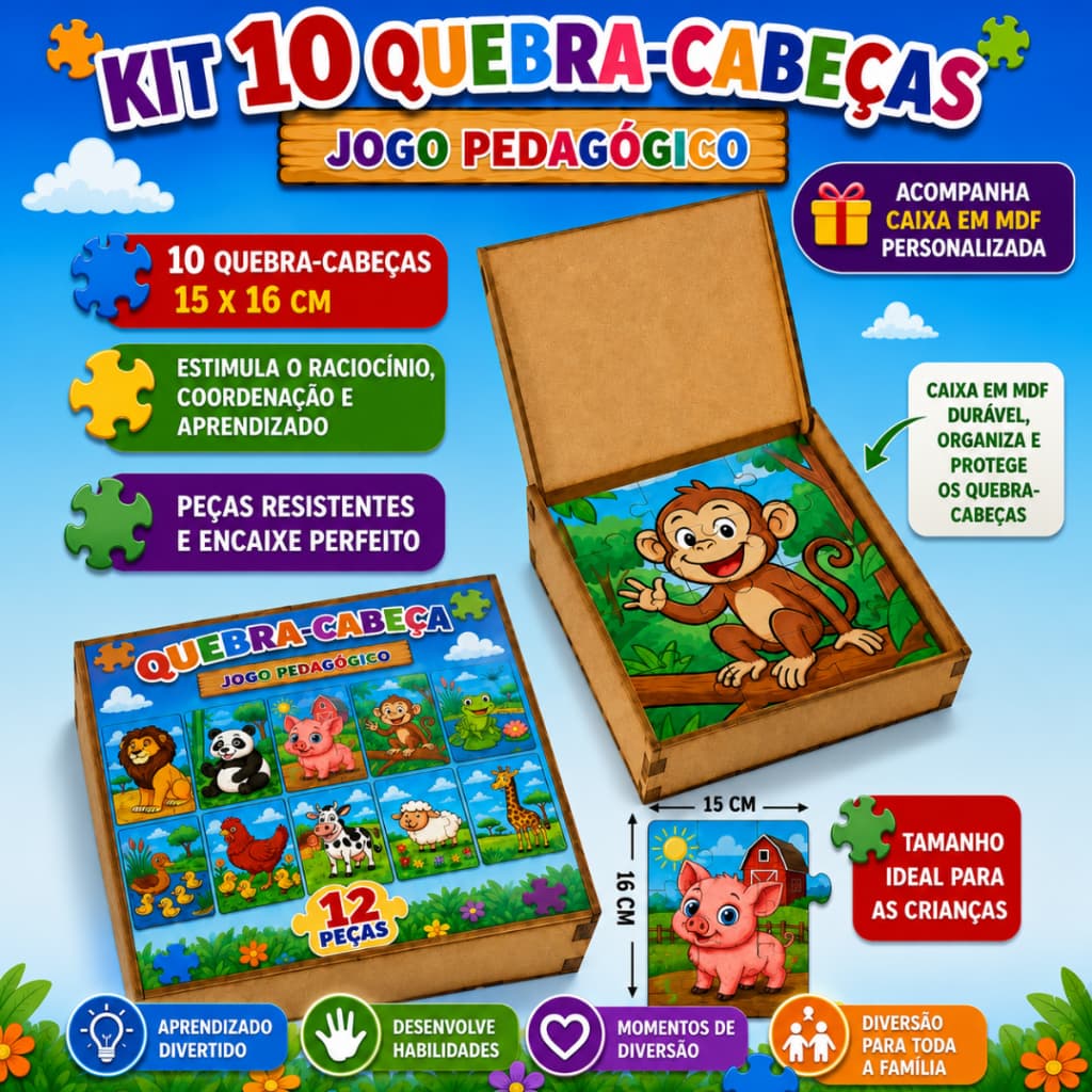 Kit 10 Quebra Cabeça em Mdf 12 Peças Jogo Pedagógico Infantil Lúdico Educativo Pronta Entrega