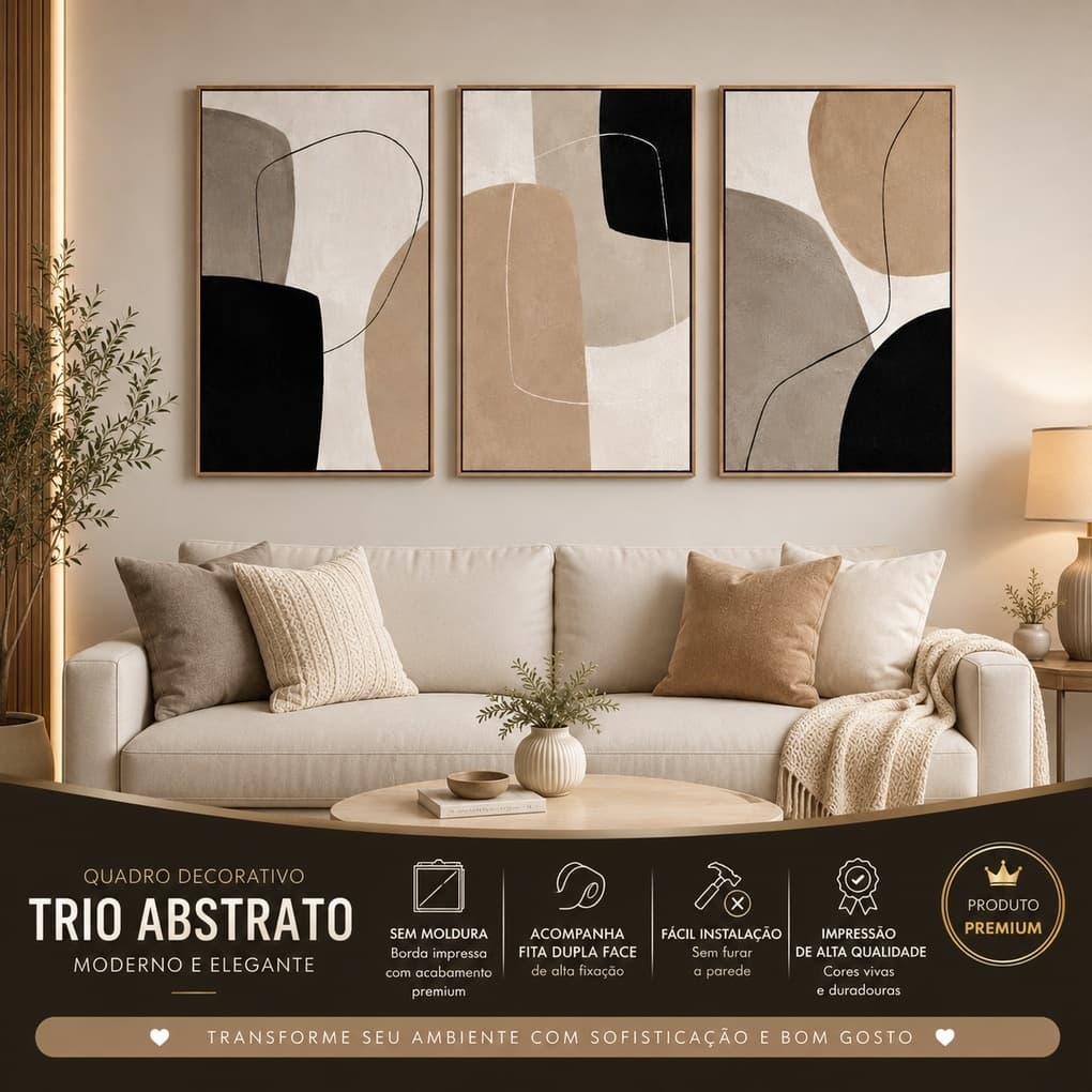 Kit 3 Quadros Decorativos Abstrato Moderno Arte Minimalista Tons Neutros Bege Preto para Sala Quarto