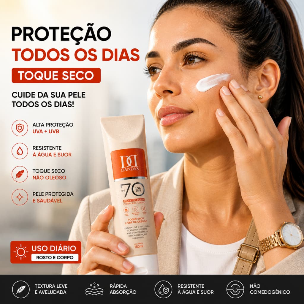 Protetores Solar DANDAS FPS 70 - 150ml Toque Seco, Resistente à Água, Hidratação com Aloe Vera