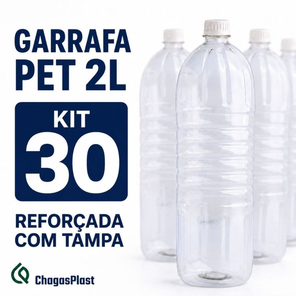 Kit 30 Garrafas PET 2 Litros Reforçada C/ Tampa PCO 28mm Atacado Mais Resistente 2L Virgem BPA Free