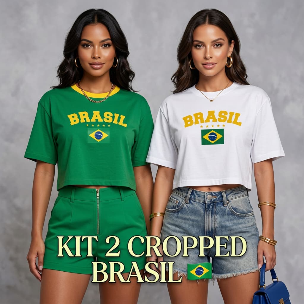 Kit 2 Blusa Cropped Feminina Brasil Larguinho Oversized T-Shirt Básica Algodão Blusinha de academia Copa 2026